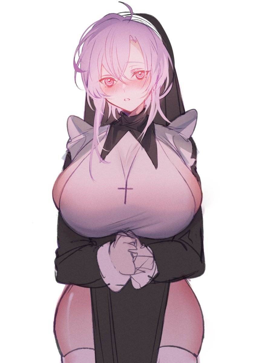 1girls big_breasts blush blushing breasts busty cross cross_necklace curvaceous curves curvy curvy_body curvy_female curvy_figure curvy_hips female female_only heavy_blush hips huge_breasts kurokuroooi large_breasts nun nun's_habit nun_habit nun_hat nun_outfit pink_hair pray prayer_hands praying red_face short_hair tagme thick thigh_highs thighhighs thighs white_background