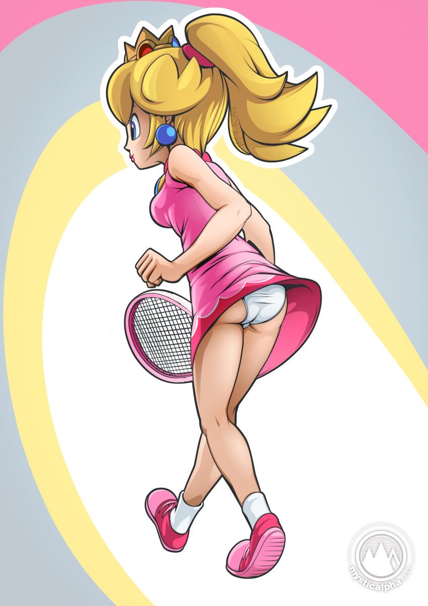 1girls ankle_socks anklehighs ass blonde_female blonde_hair crown earrings mario_(series) mario_tennis mysticalpha nintendo pink_dress ponytail princess_peach sleeveless_shirt socks sports_shoes tennis tennis_racket tennis_shoes tennis_uniform underwear upskirt white_socks