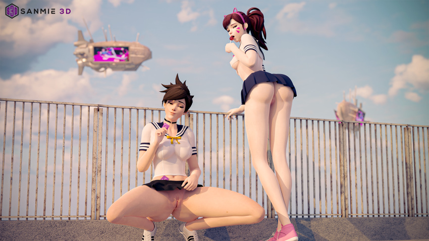 2girls 3d ass big_ass bottomless_skirt condom d.va female female_only kneeling leaning_forward miniskirt no_panties overwatch revealing_clothes sanmie3d school_uniform schoolgirl sneakers teasing tracer upskirt