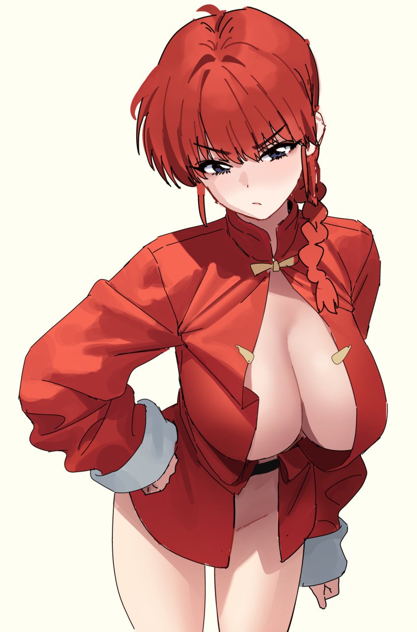 2022 angry bangs blue_eyes blush braid braided_ponytail breasts chinese_clothes cleavage female highres large_breasts long_hair long_sleeves looking_at_viewer mx2j_(nsh6394) pout ranma-chan ranma_1/2 ranma_saotome red_hair red_shirt shirt simple_background solo white_background