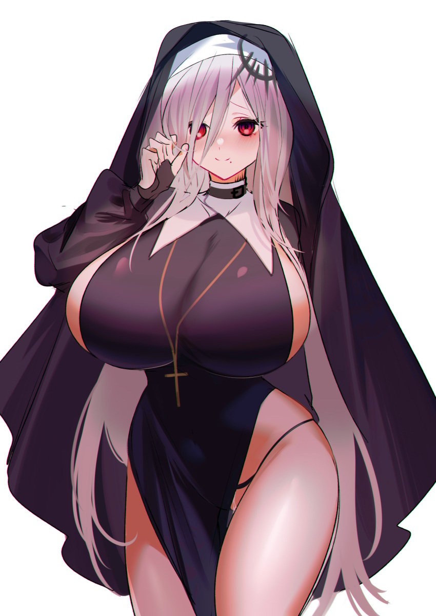 1girls amulet arm_under_breasts arms_behind_back beauty_mark big_breasts blush blushing breasts busty cross cross_necklace curvaceous curves curvy curvy_body curvy_female curvy_figure female female_only gigantic_breasts hand_under_breasts heavy_blush hips huge_breasts kurokuroooi large_breasts long_hair mole mole_under_mouth necklace nun nun's_habit nun_habit nun_hat nun_outfit pussy_juice pussy_juice_drip red_eyes red_face silver_hair smile smiling tagme thick thick_thighs thighs white_background white_hair