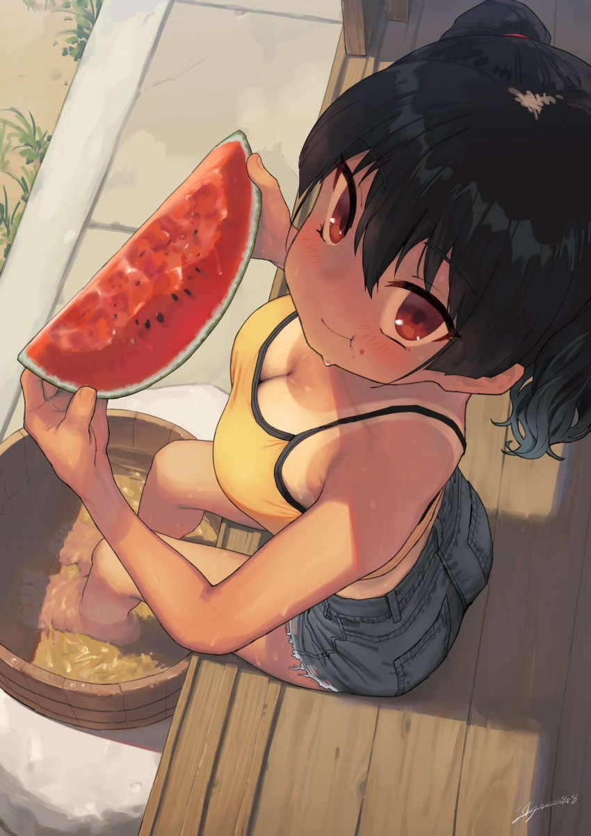 big_breasts black_hair black_shorts blush breasts camisole cleavage closed_mouth denim_shorts eating female food food_on_face from_above fruit holding holding_food holding_fruit holding_object kaedeko_(kaedelic) kanna_sasaki_(kaedeko) large_breasts looking_at_viewer looking_up original red_eyes short_hair short_shorts shorts sitting solo tan tan_body tan_skin tanline tanned tanned_female tanned_girl tanned_skin watermelon yellow_camisole