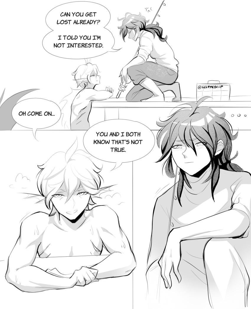 2boys bedroom_brat childe_(genshin_impact) comic comic_page dialogue diluc_(genshin_impact) duo duo_focus gay geep genshin_impact greyscale human male male_focus male_only merfolk mermaid merman monochrome monster monster_boy tartaglia_(genshin_impact) yaoi