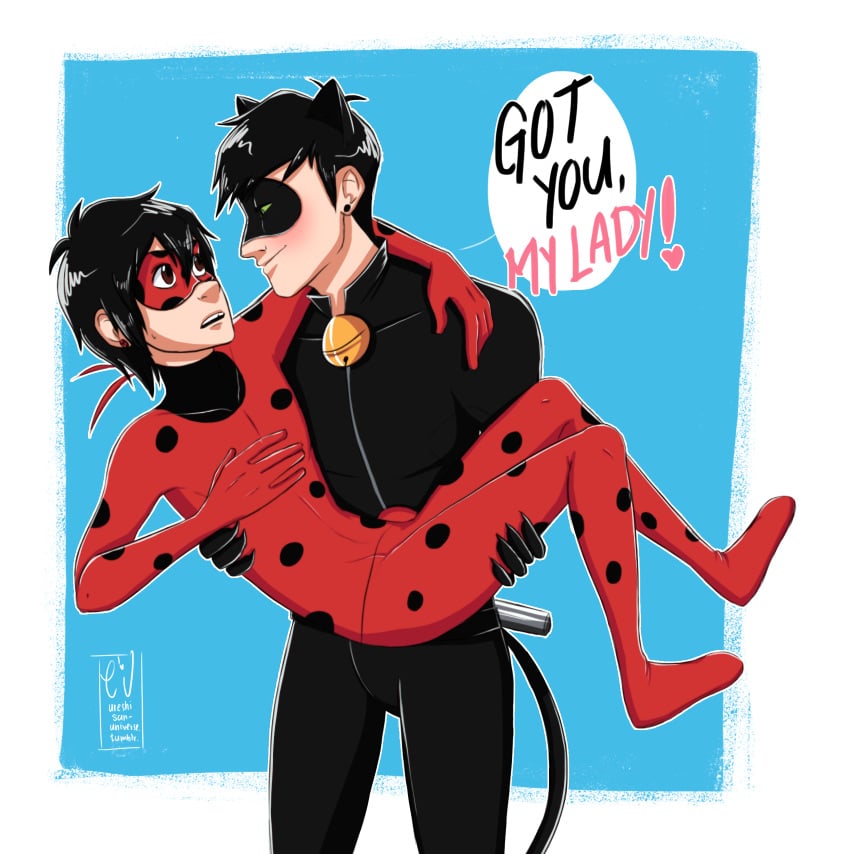 2016 2boys big_hero_6 bodysuit chat_noir_(cosplay) cosplay hiro_hamada kyle_hamada ladybug_(cosplay) love male_only marvel marvel_comics miraculous_ladybug speech_bubble ureshi_san yaoi