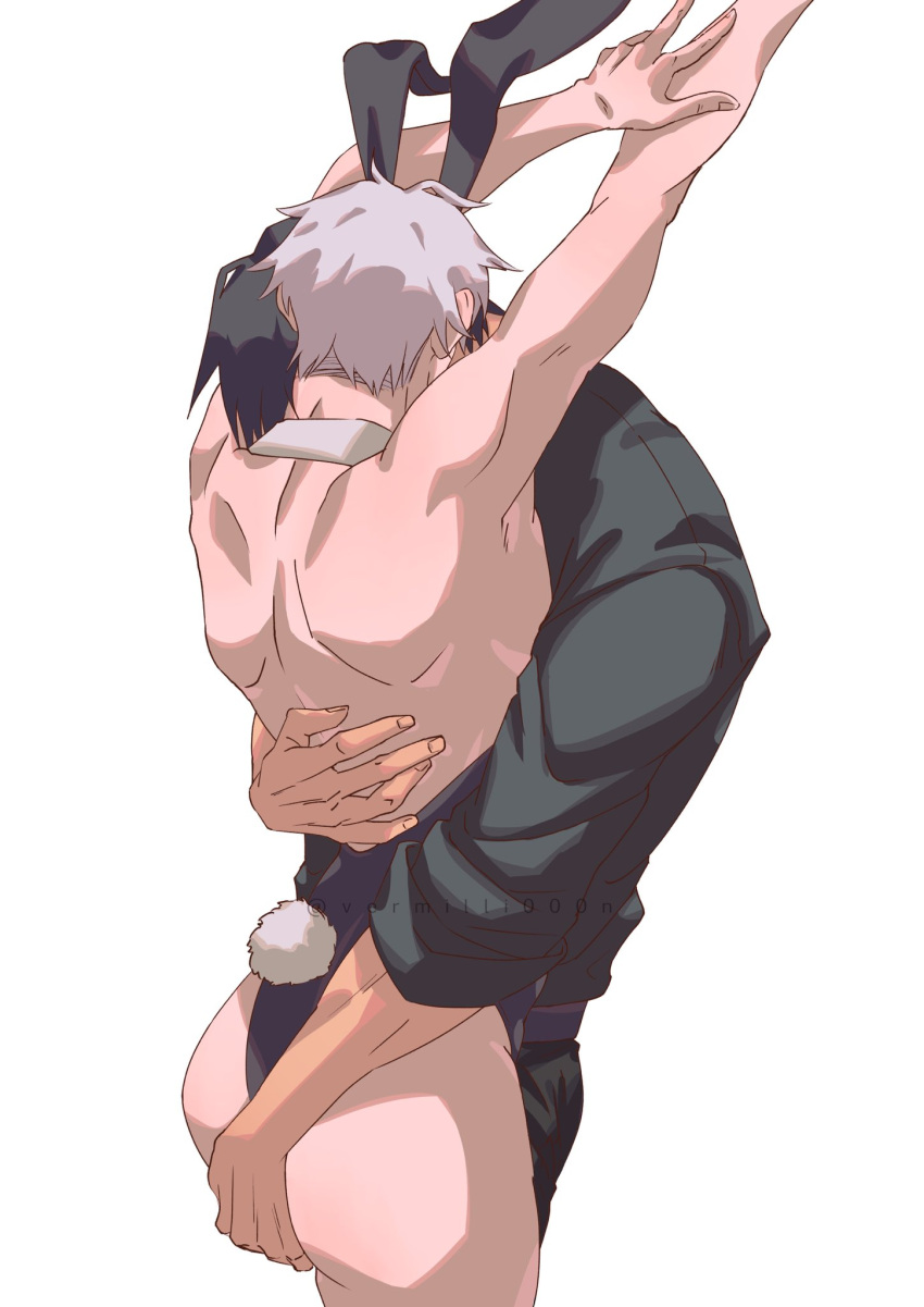 2boys animal_ears arms_up ass ass_grab back backless_outfit bare_shoulders belt black_hair black_leotard black_pants black_shirt crossdressing detached_collar fake_animal_ears fake_tail femboy fingering fingering_through_clothes fingernails gay hand_on_another's_back hug jujutsu_kaisen leotard male male/male male_focus male_only male_playboy_bunny manly_crossdresser multiple_boys muscular muscular_male pants rabbit_ears rabbit_tail satoru_gojo shirt short_hair simple_background sleeves_rolled_up strapless strapless_leotard tail thighs through_clothes toji_fushiguro vermilli000n white_background white_hair yaoi