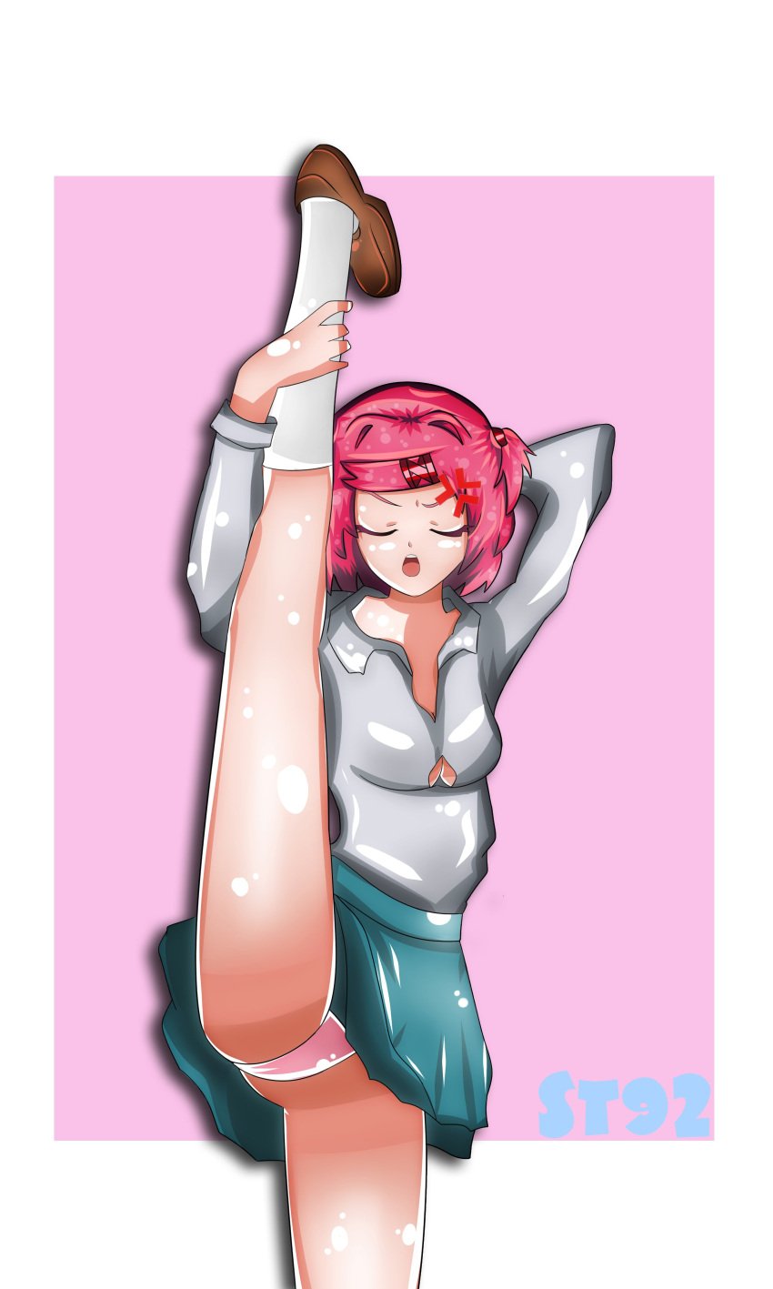 1girls closed_eyes closed_eyes doki_doki_literature_club female leg_lift leg_up lifting_leg natsuki_(doki_doki_literature_club) open_mouth panties perdonsito pink_hair pink_panties school_uniform skirt solo stretching teal_skirt uniform