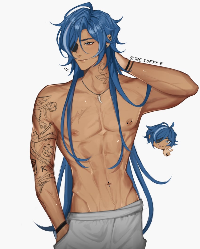 1boy amulet beauty_mark belly belly_button blue_eyes blue_hair dark-skinned_male dark_skin eye_patch fit fit_male genshin_impact hand_in_pants hand_in_pocket handsome kaeya_(genshin_impact) long_hair male male_only mole mole_under_eye muscle muscles muscular muscular_male necklace nipple_piercing nipples pierced_belly_button pierced_nipples piercing scar scarred scars scars_all_over shesofyee shirtless shirtless_(male) shirtless_male tan_skin tattoo tattooed_arm tattoos toned toned_male tummy veins