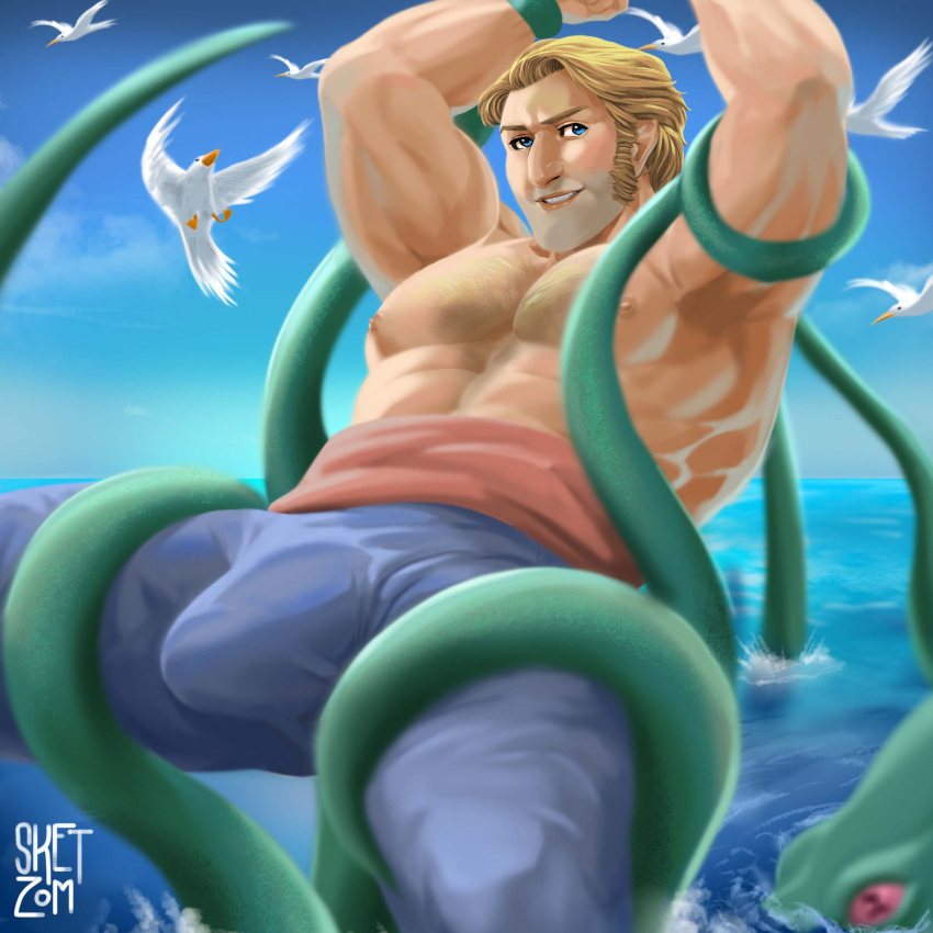 big_bulge bondage bound bulge caucasian caucasian_male huge_bulge jacob_holland looking_at_viewer male male_only muscles muscular muscular_male netflix prickleback_(the_sea_beast) shirtless_male sketzom spread_legs tentacle tentacle_on_male the_sea_beast tied_up