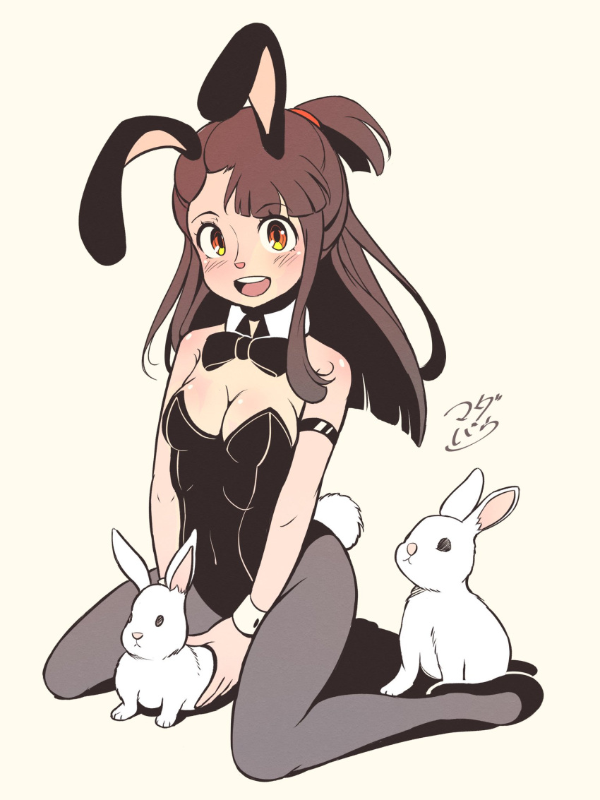 akko_kagari arm_band bangs bare_arms bare_shoulders blush blush blush_lines bow bowtie breasts brown_hair bunny bunny_costume bunny_ears bunny_girl bunny_nose bunny_tail bunnygirl bunnysuit cleavage collar female female_focus female_only hands_between_legs kneeling leggings legwear little_witch_academia long_hair madabauillust magic magical_girl navel navel_line open_mouth open_smile rabbit rabbit_ears rabbit_girl rabbit_humanoid rabbit_tail red_eyes sideboob skin_tight small_breasts smile smiling spandex thighs toned toned_female transformation