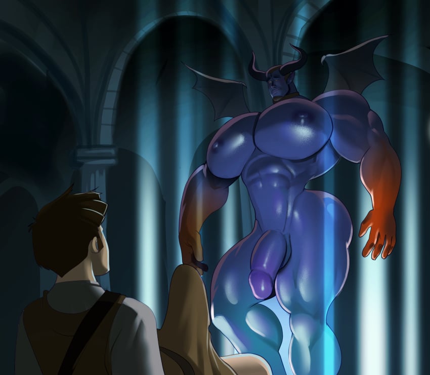 2boys absolutbleu blue_body bulge demon dick erection erection_under_clothes gay horns invocation looking_at_another looking_up male male/male male_only muscular muscular_male pecs portal wings