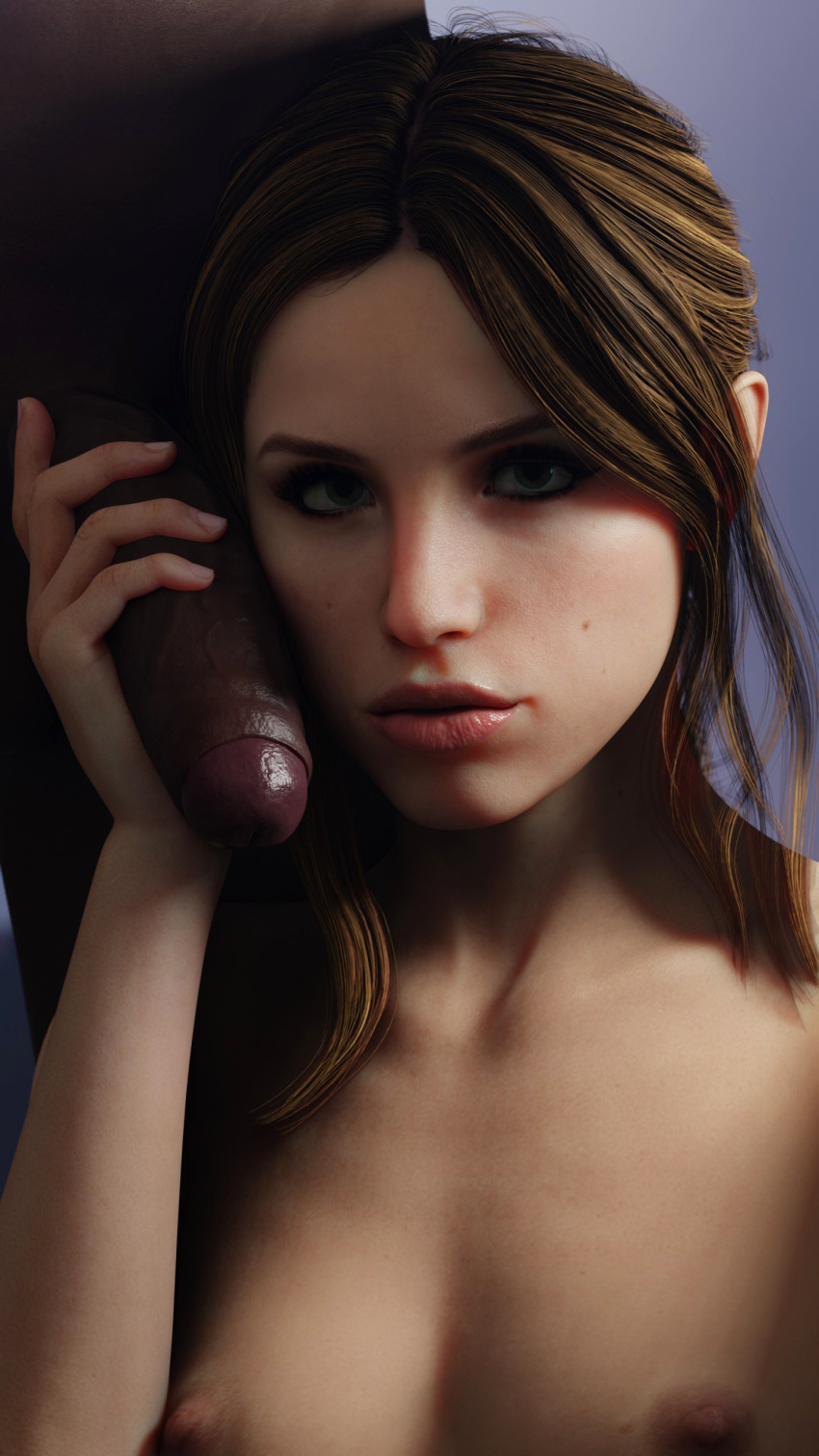 1boy 1girls 3d artist_request brunette dark-skinned_male dark_skin emma_mountebank imminent_oral interracial light-skinned_female looking_at_viewer oral penis_on_face petite seductive_eyes tagme the_quarry unseen_male_face