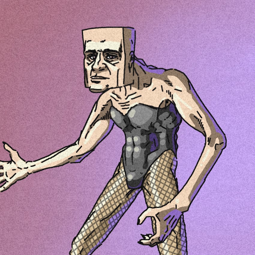 a3llan bald bald_man bunnysuit bunnysuit_bulge cuboid for_a_head male male_only painted_nails shitpost skinny_male uncomfortable