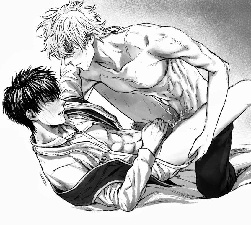 2boys anal anal_sex blush bottomless cum cum_in_ass cum_inside erection gay gintama gintoki_sakata hijikata_toshiro holding_penis kneeling looking_at_another male male_only marrbl monochrome muscular muscular_male open_shirt penis scars spread_legs sweat topless_male uniform yaoi