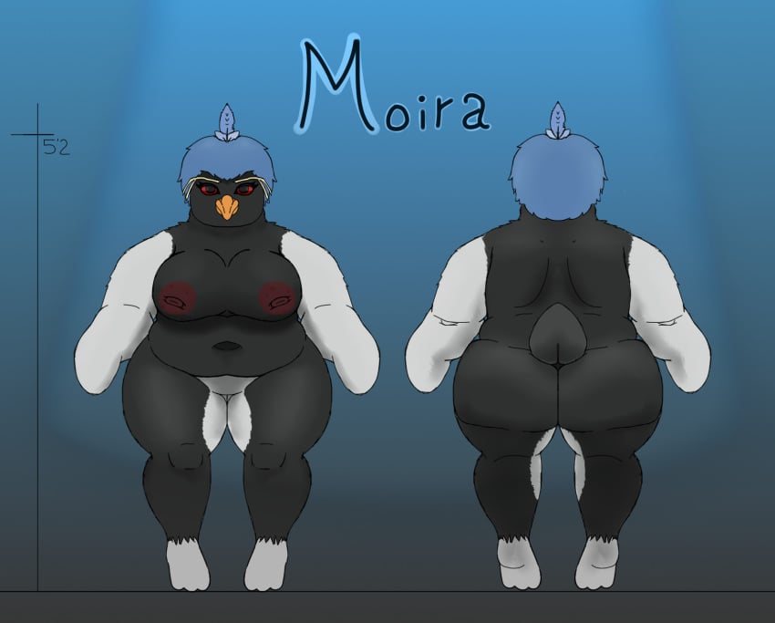 anthro ass avian beak belly big_breasts big_butt bird breasts chubby_female female fur genitals hair hi_res looking_at_viewer navel nipples nude obese overweight penguin pussy simple_background slightly_chubby solo thick_thighs wide_hips zhephyreart