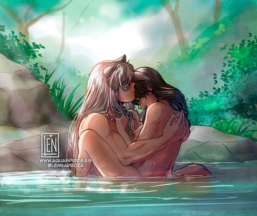 1boy ambiguous_penetration animal_ears black_hair breasts casual_nudity collarbone completely_nude couple day female forest higurashi_kagome inuyasha inuyasha_(character) jewelry kagome_higurashi lennys lens_flare long_hair medium_breasts mixed_bathing nature necklace nipples nonsexual_nudity nude outdoors partially_submerged river romantic romantic_couple sex shiny shiny_hair sitting sparkle straight straight_hair very_long_hair watermark web_address white_hair wholesome