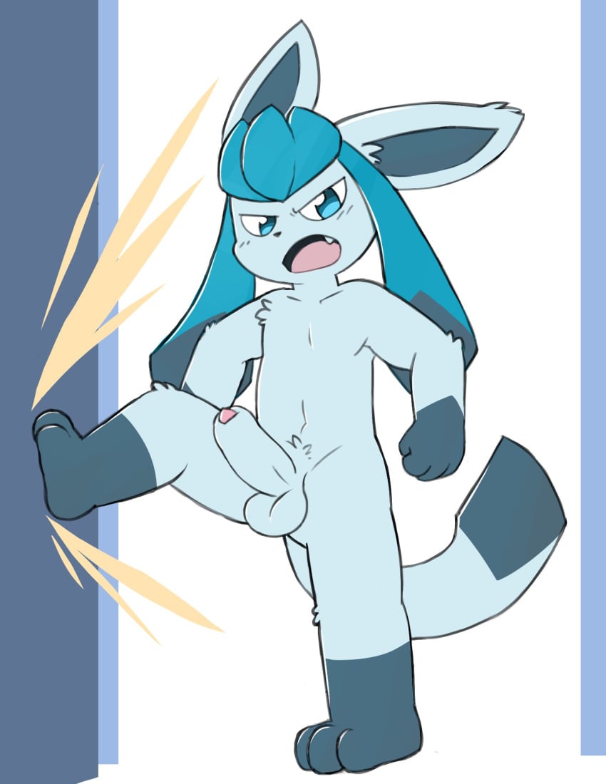 2022 3_toes 4_fingers anthro balls black_nose blue_body blue_eyes blue_fur blue_inner_ear blush blush_lines bulge cute_fangs detailed_bulge digital_drawing_(artwork) digital_media_(artwork) dipstick_tail eeveelution eye_glint feet fingers foreskin fur generation_4_pokemon genitals glaceon gloves_(marking) hi_res humanoid_genitalia humanoid_penis kick leg_markings looking_at_viewer male male_only markings narrowed_eyes navel nintendo oob open_mouth partially_retracted_foreskin penis pokémon_(species) pokemon socks_(marking) solo standing tail_markings toes triangle_nose video_games