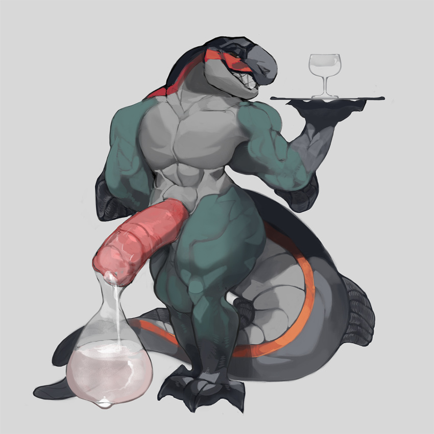 anthro big_penis bodily_fluids condom cum ectogoat filled_condom fish genital_fluids genitals hi_res huge_cock humanoid hyper hyper_condom hyper_genitalia hyper_penis leaking_cum male male_focus male_only marine non-human penis salmonid_(fish) sexual_barrier_device solo steelhead_(imnotadolphin) thick_tail thick_thighs waiter waiter_tray