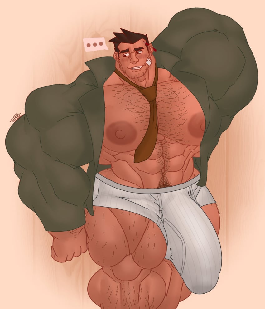 balls bandaid bandaid_on_face bara big_balls big_bulge big_penis blush bulge capcom dick_gumshoe embarrassed facial_hair flaccid gab_art gay gyakuten_saiban hairy looking_away male male_only muscles muscular necktie open_jacket penis solo solo_male underwear