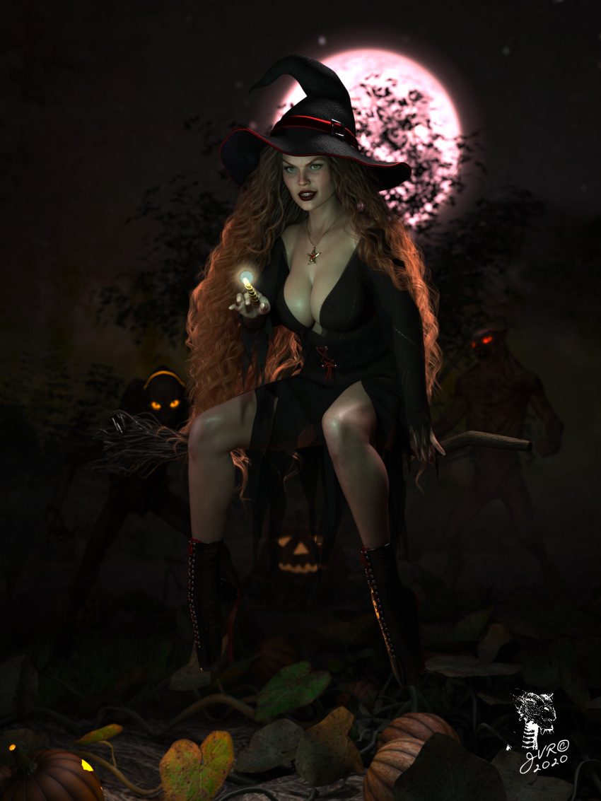 1girls 2020 3d black_dress boots broom broomstick cleavage clothed clothing curly_hair depth_of_field dress female female_focus female_only french_nails halloween hat jvrenderer large_breasts long_hair magic monster necklace orange_hair original_character outdoor outdoors outside pumpkin pumpkin_patch red_hair riding_broom slushe_(website) solo solo_female star_necklace very_long_hair wendy_bloodmoon_(jvrenderer) witch witch_hat