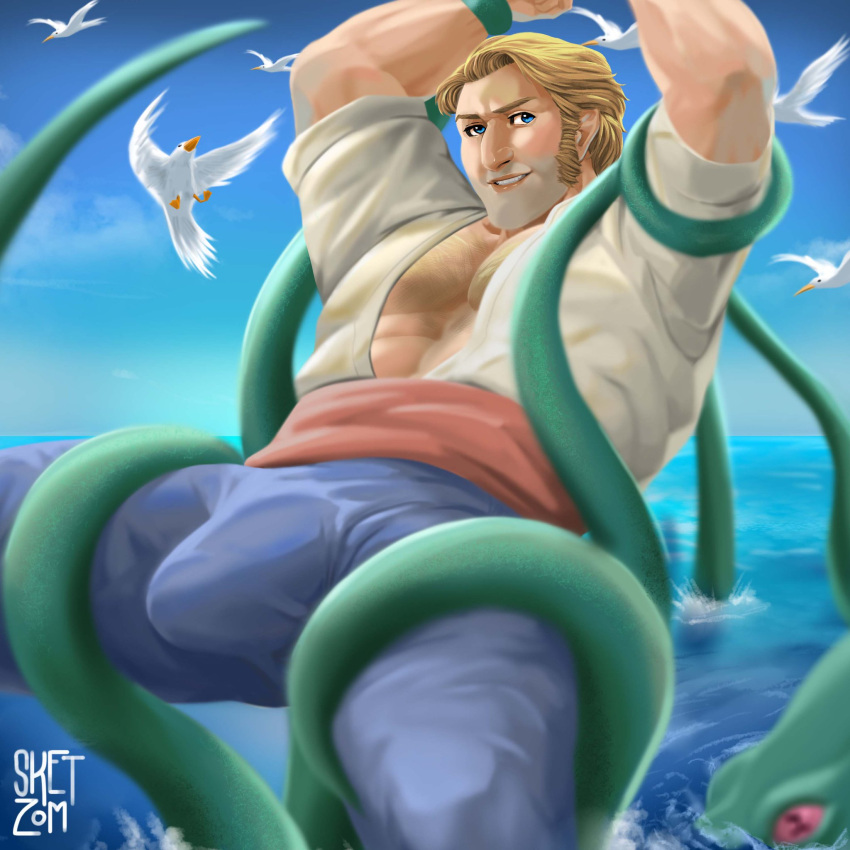 big_bulge bondage bound bulge caucasian caucasian_male clothed huge_bulge jacob_holland looking_at_viewer male male_only muscles muscular muscular_male netflix open_shirt prickleback_(the_sea_beast) sketzom spread_legs tentacle tentacle_on_male the_sea_beast tied_up