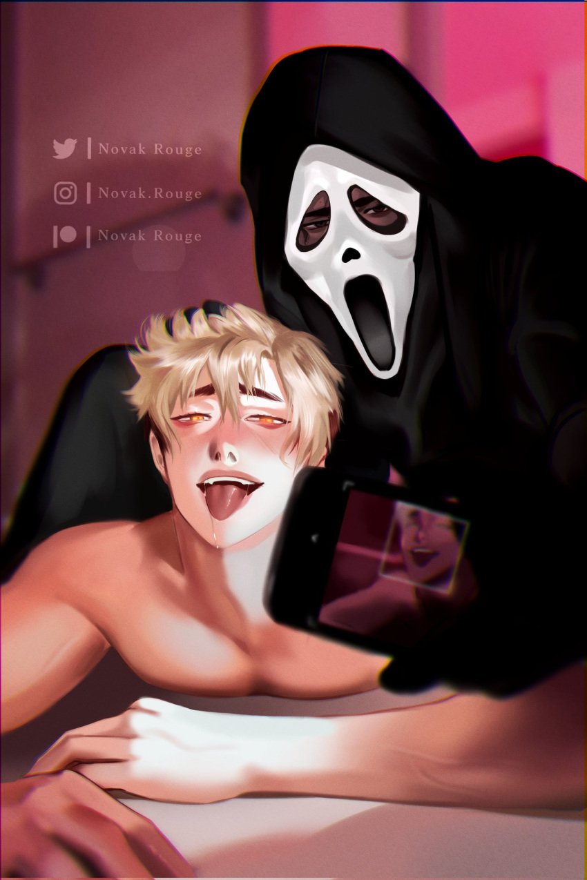 ahe_gao atsumu_miya costume drooling gay ghostface haikyuu!! looking_at_phone novak_rouge pulling_hair recording sakusa_kiyoomi saliva scream_(franchise) tongue_out yaoi