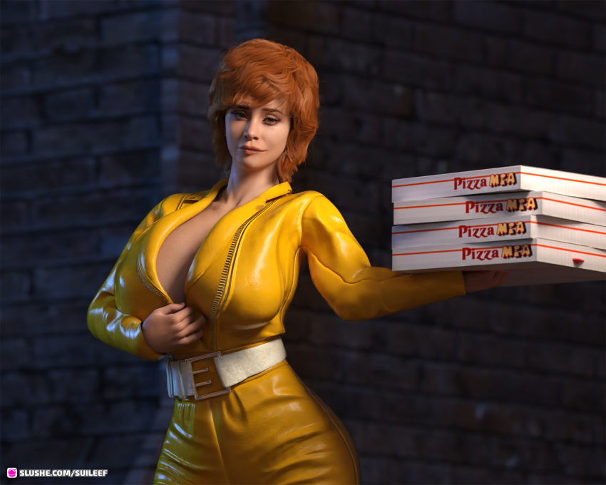 1girls 2022 3d april_o'neil april_o'neil_(tmnt_1987) auburn_hair big_breasts clothed clothing fanart female fully_clothed holding_object huge_breasts large_breasts orange_hair pizza pizza_box red_hair sewer slushe_(website) standing suileef teenage_mutant_ninja_turtles teenage_mutant_ninja_turtles_(1987) text white_belt yellow_jumpsuit