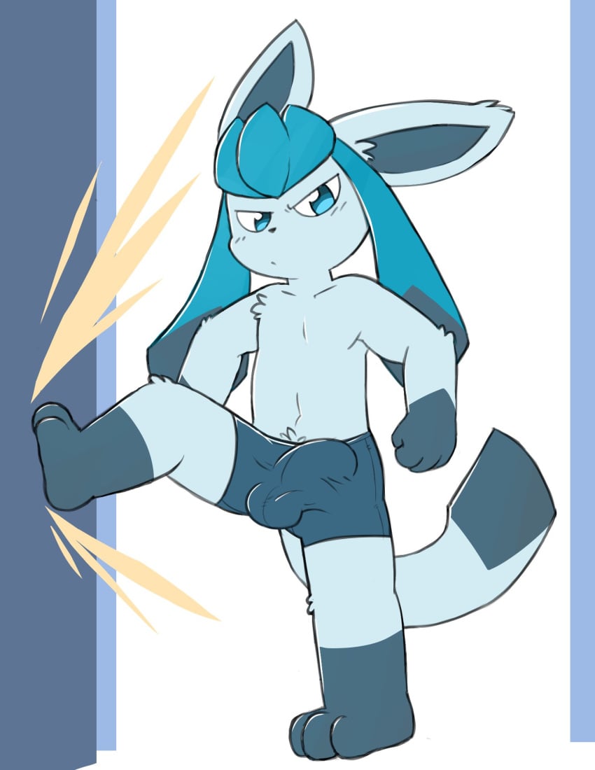 2022 3_toes 4_fingers anthro black_nose blue_body blue_bottomwear blue_clothing blue_eyes blue_fur blue_inner_ear blue_shorts blush blush_lines bottomwear bulge clothed clothing detailed_bulge digital_drawing_(artwork) digital_media_(artwork) dipstick_tail eeveelution eye_glint feet fingers fur generation_4_pokemon genital_outline glaceon gloves_(marking) hi_res humanoid_genitalia kick leg_markings looking_at_viewer male male_only markings narrowed_eyes navel nintendo oob pokémon_(species) pokemon pouting shorts shorts_only socks_(marking) solo standing tail_markings toes topless triangle_nose video_games