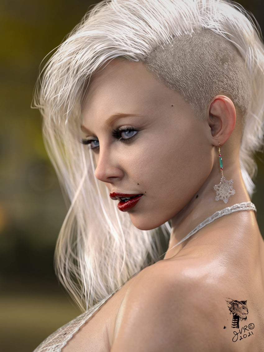 1girls 2022 3d beauty_mark close-up clothed clothing depth_of_field earrings face_focus female female_only gray_hair grey_hair ice_blue_eyes jvrenderer light-skinned_female lipstick natalie_(jvrenderer) original_character piercing red_lipstick simple_background slushe_(website) snowflake_earrings solo solo_female white_hair