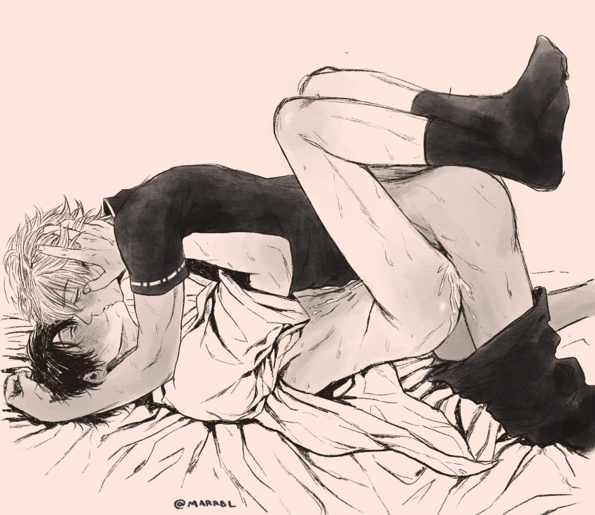 2boys anal anal_sex blush bottomless cum functionally_nude gay gintama gintoki_sakata hand_on_another's_head hijikata_toshiro implied_anal kissing leg_lock legs_up male male_only marrbl missionary_position monochrome open_shirt pants_down partially_clothed socks sweat yaoi