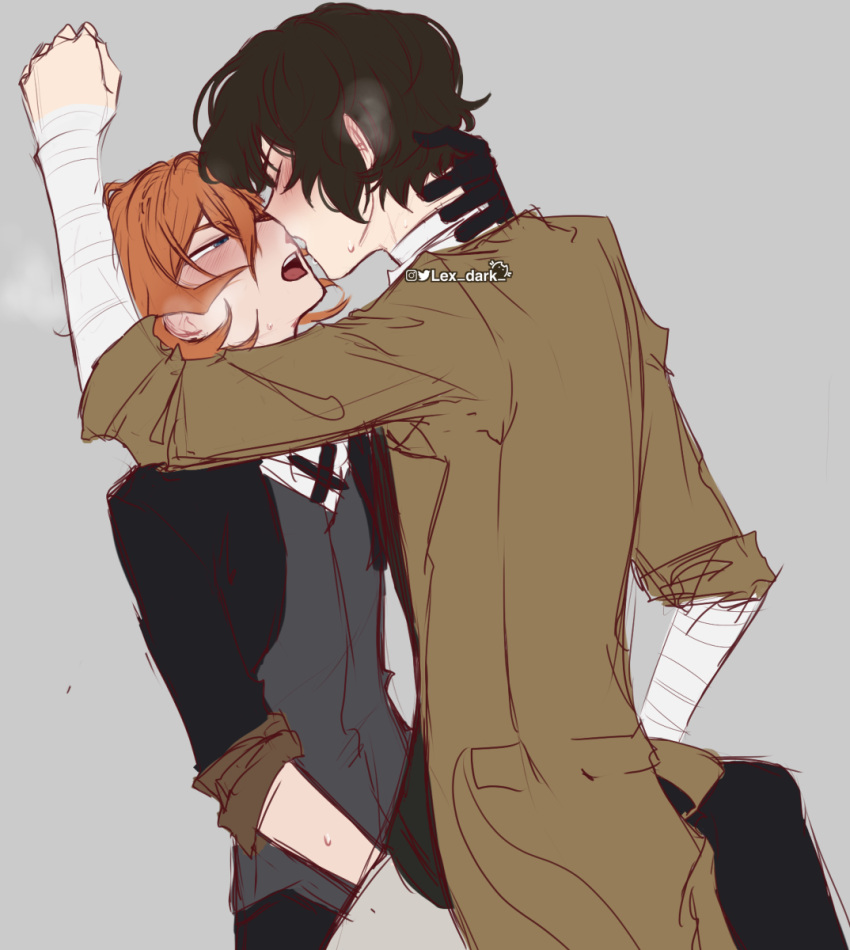 against_wall bandage bandages blush blushing bungo_stray_dogs chuuya_nakahara dark_hair dazai_osamu eyes_half_open hand_on_neck heavy_breathing leg_grab leg_up lex_dark making_out male_only nakahara_chuuya osamu_dazai pressed_against red_hair yaoi