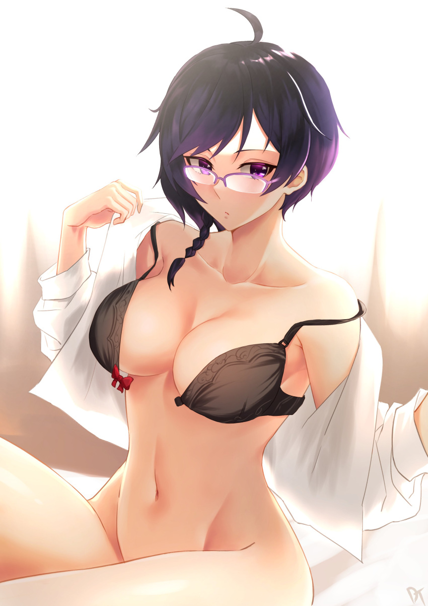 1girls belly_button big_breasts black_bra black_hair bottomless bra breasts cleavage exposed_shoulders female female_only glasses kometa_virtual_live midriff miria_(vtuber) navel no_panties purple_eyes removing_clothing removing_shirt shoulders solo virtual_youtuber