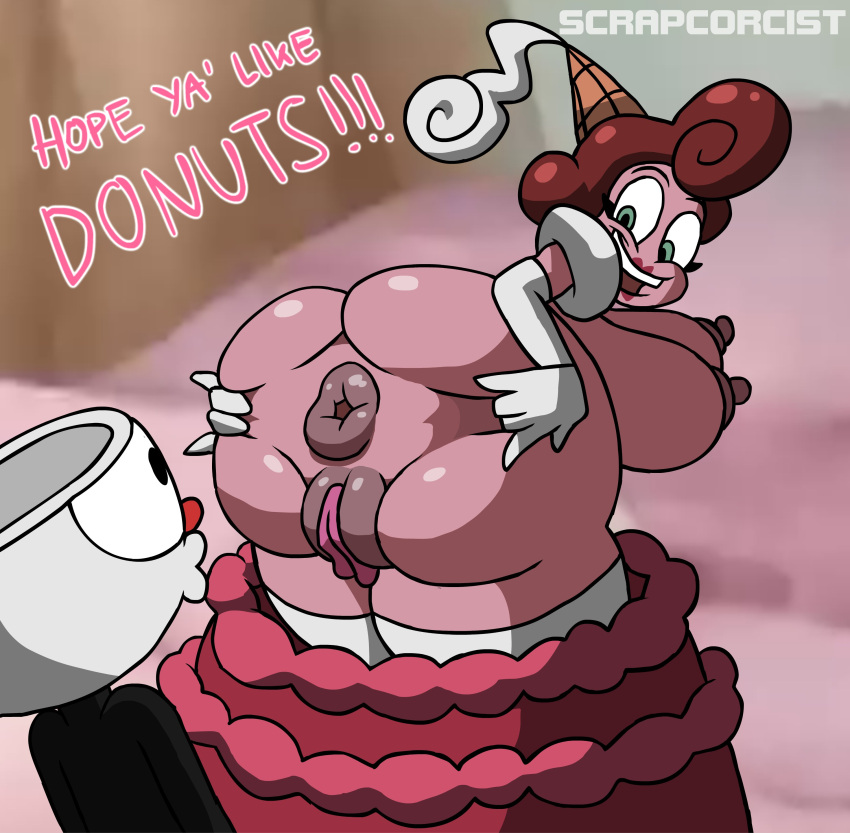 1boy 1girls anus ass baroness_von_bon_bon big_ass big_breasts big_butt cuphead cuphead_(game) donut_anus dress_down exposed_ass fat_ass female humanoid pussy scrapcorcist the_cuphead_show wide_hips