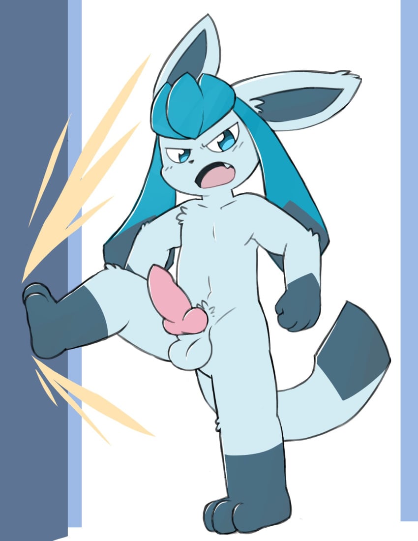 2022 3_toes 4_fingers anthro balls black_nose blue_body blue_bottomwear blue_clothing blue_eyes blue_fur blue_inner_ear blue_shorts blush blush_lines bottomwear bulge clothing cute_fangs digital_drawing_(artwork) digital_media_(artwork) dipstick_tail eeveelution eye_glint feet fingers fur generation_4_pokemon genitals glaceon gloves_(marking) hi_res kick knot leg_markings looking_at_viewer male male_only markings narrowed_eyes navel nintendo oob open_mouth penis pokémon_(species) pokemon shorts shorts_only socks_(marking) solo standing tail_markings toes triangle_nose video_games