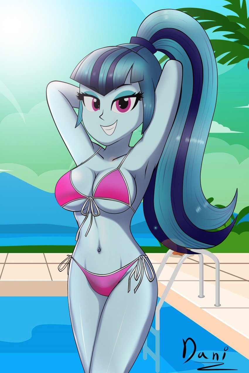 1girls armpits big_breasts bikini breasts danielitamlp_(artist) equestria_girls female friendship_is_magic happy hasbro hi_res highres looking_at_viewer my_little_pony navel ponytail poolside signature smiling smiling_at_viewer solo solo_female sonata_dusk swimming_pool swimsuit