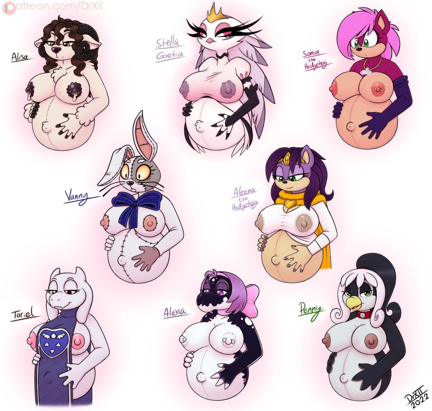 alexia_(drxii) anthro areola avian beak belly big_belly big_breasts bird birdo bodily_fluids boss_monster bovid bow_ribbon bow_tie breasts buckteeth caprine claws clothed clothing crown demon digital_media_(artwork) domestic_sheep drxii eulipotyphlan feathers female five_nights_at_freddy's five_nights_at_freddy's:_security_breach fur hair hedgehog helluva_boss hi_res horn human lactating lagomorph leporid mammal mario_(series) mature_anthro mature_female milk nintendo nipple_piercing nipples non-mammal_breasts nude owl penguin penny_locke piercing pregnant purple_hair queen_aleena_hedgehog rabbit red_eyes reptile scalie scottgames sega sheep simple_background smile solo sonia_the_hedgehog sonic_(series) sonic_the_hedgehog_(series) sonic_underground stella_(helluva_boss) teeth text toriel undertale undertale_(series) vanny_(fnaf) video_games white_body white_fur