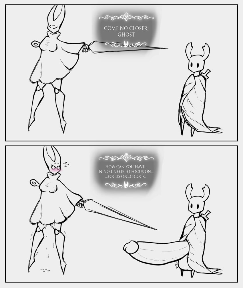 2021 anthro arthropod balls big_balls big_penis blush bodily_fluids breasts clothing comic dialogue dripping duo erect_nipples_under_clothes erection fecharis female genital_fluids genitals glans hi_res holding_object holding_weapon hollow_knight hornet_(hollow_knight) huge_balls huge_cock hyper hyper_balls hyper_genitalia hyper_penis insects larger_female male medium_breasts motion_lines nipple_outline nipples_getting_erect penis piekiller piekiller5 protagonist_(hollow_knight) pussy_juice pussy_juice_drip robe shocked siblings simple_background size_difference smaller_male surprise team_cherry text video_games weapon