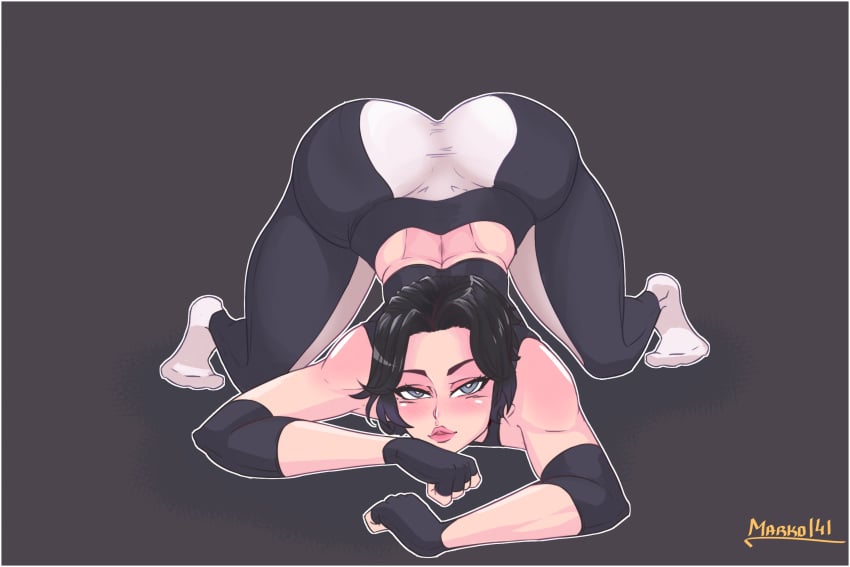 ass black_hair doomer_girl fit_female goth leggings legwear light-skinned_female light_skin looking_at_viewer marko141 short_hair sportswear thighs voluptuous wojak_comics