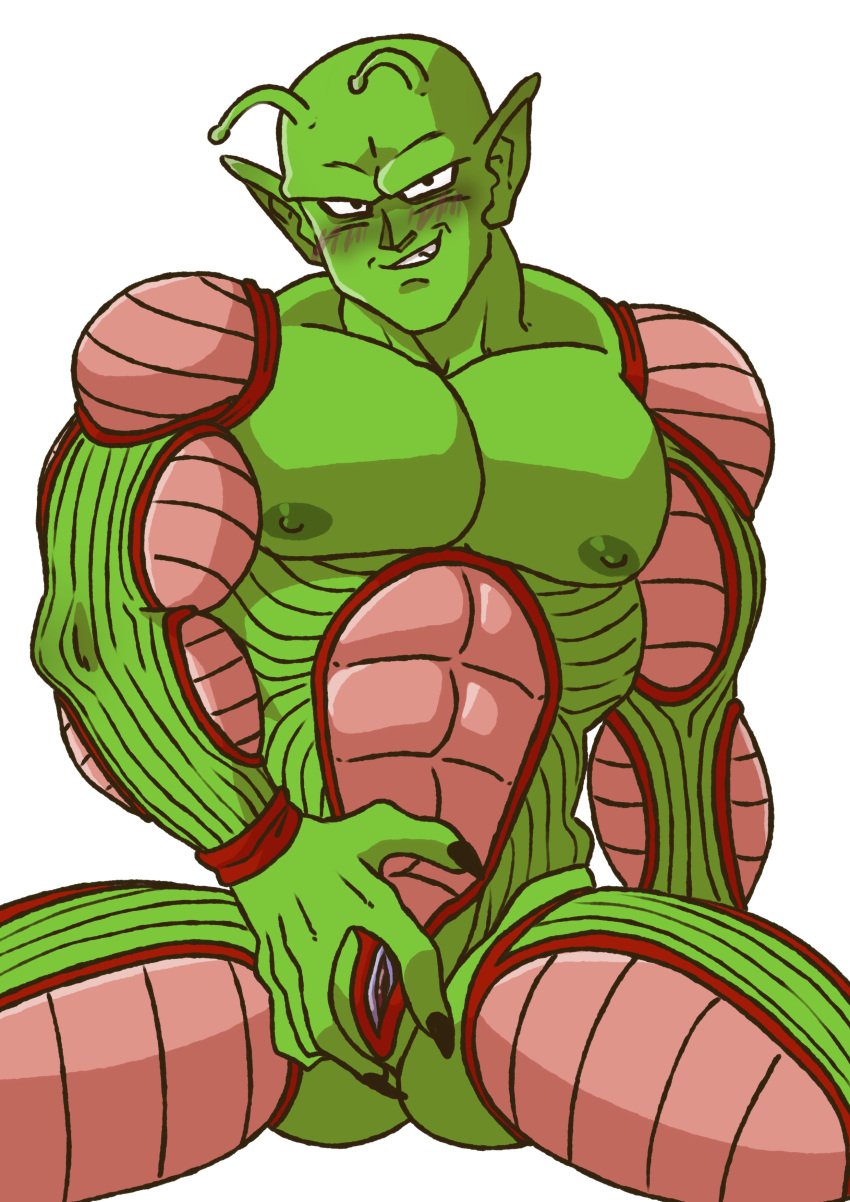 alien antennae blush dragon_ball dragon_ball_super dragon_ball_z gay genital_slit green_skin male male_only muscles muscular namekian nude piccolo purico slit solo solo_male spread_legs spreading_slit