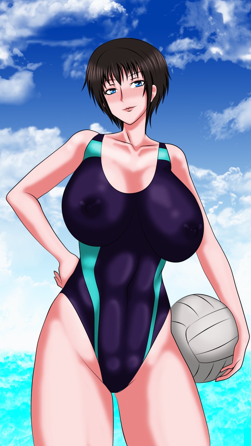 1girls black_hair blue_eyes breasts breasts_bigger_than_head brown_hair clothed clothed_female female female_only huge_breasts light-skinned_female light_skin ryouka_eunomoto solo standing summer_shattering supernova_(artist) swimsuit volleyball