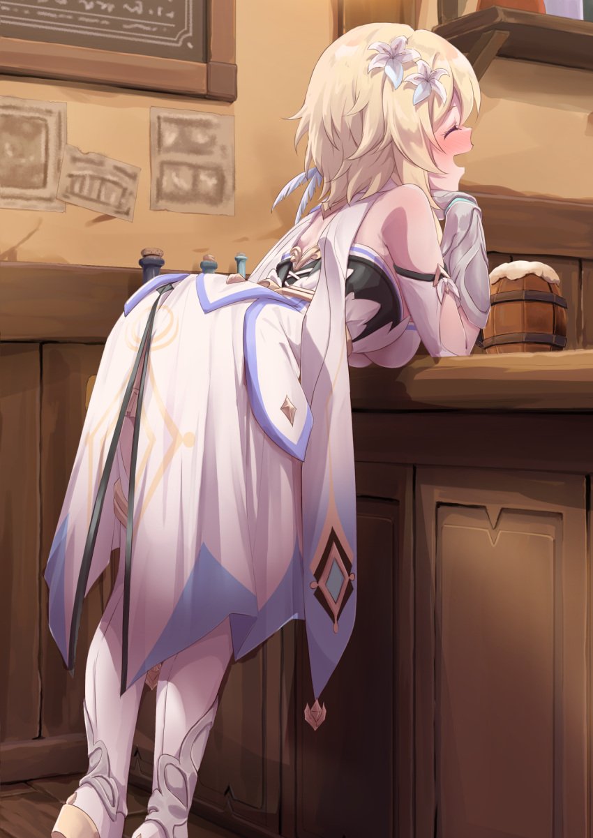 1girls alcohol bassa beer bent_over blonde_female blonde_hair blush closed_eyes clothed_female clothing counter dress drink drunk female genshin_impact hi_res high_heels lumine_(genshin_impact) smile tavern