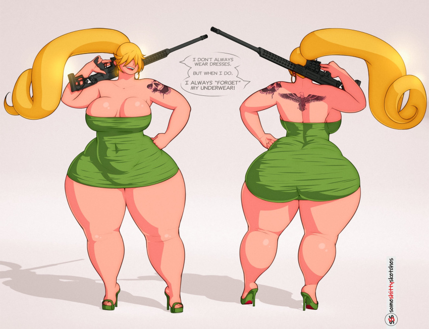 ass_in_dress big_breasts dress gun high_heels huge_ass oc someshittysketches thick_thighs tight_dress wide_hips