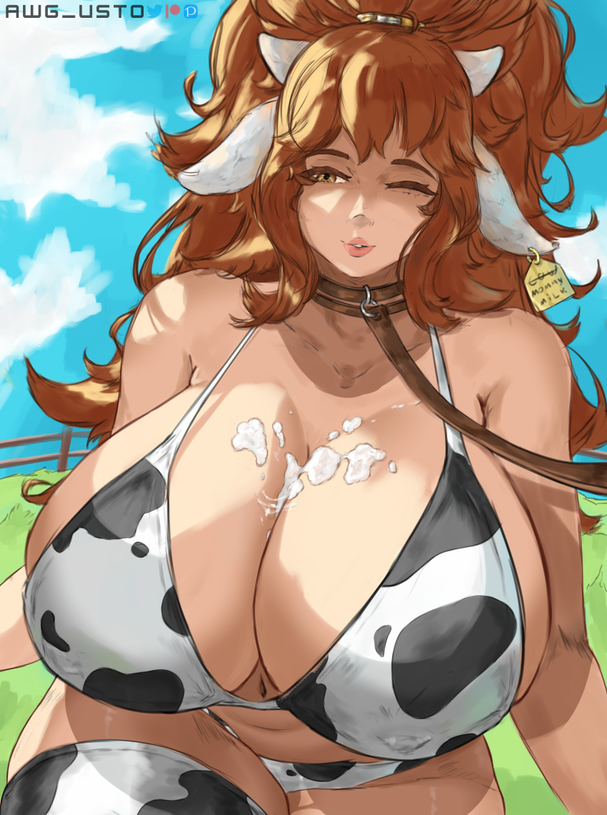 1girls awg_usto big_breasts bikini brown_eyes brown_hair choker cow_ears cow_girl cow_horns cow_print cum cum_on_breasts ear_tag field hair_bun hair_ornament leash long_hair milf milk solo solo_female wink