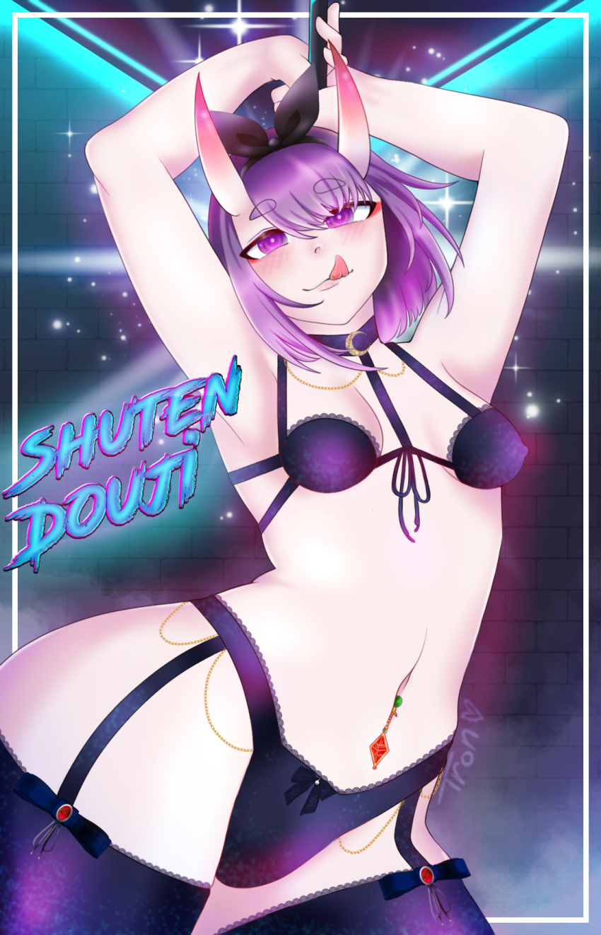 armpits arms_behind_back arms_up belly_button belly_dancer bow chains covered_breasts covered_nipples eyeshadow fate/grand_order fate_(series) fog lingerie looking_at_viewer looking_down looking_pleasured neon neon_lights oni oni_horns piercing piercings pole pole_dancing poledancer pov purple_eyes purple_hair seductive seductive_eyes seductive_look seductive_mouth seductive_smile shuten_douji_(fate) small_breasts straps strip_club thick_thighs tongue tongue_out tronsnothere