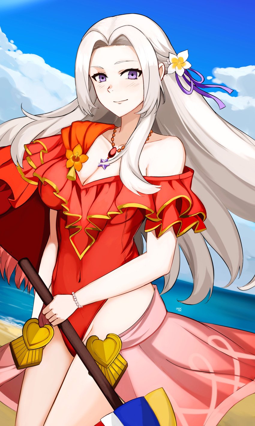 alternate_costume breasts edelgard_von_hresvelg edelgard_von_hresvelg_(summer) female female_only fire_emblem fire_emblem:_three_houses fire_emblem_heroes kgctcg medium_hair nintendo official_alternate_costume one-piece_swimsuit red_swimsuit solo swimsuit