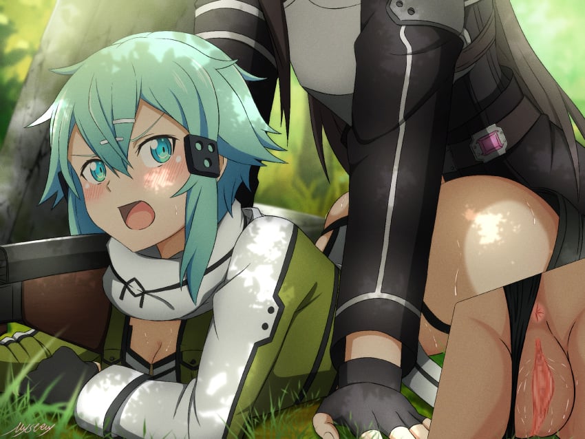 1boy annoyed anus armor ass belt black_belt black_gloves black_jacket black_panties black_shorts blush boy_on_top breastplate breasts brown_hair cleavage clothes_pull female gloves grass green_eyes green_hair green_jacket grey_scarf hair_ornament hairclip highres imminent_penetration jacket kirito_(sao-ggo) large_breasts long_hair long_sleeves lying mysteryctu on_stomach open_mouth outdoors panties prone_bone pussy pussy_juice scarf shiny shiny_hair shorts shorts_pull sidelocks sinon sweat sword_art_online tree underwear weapon white_jacket