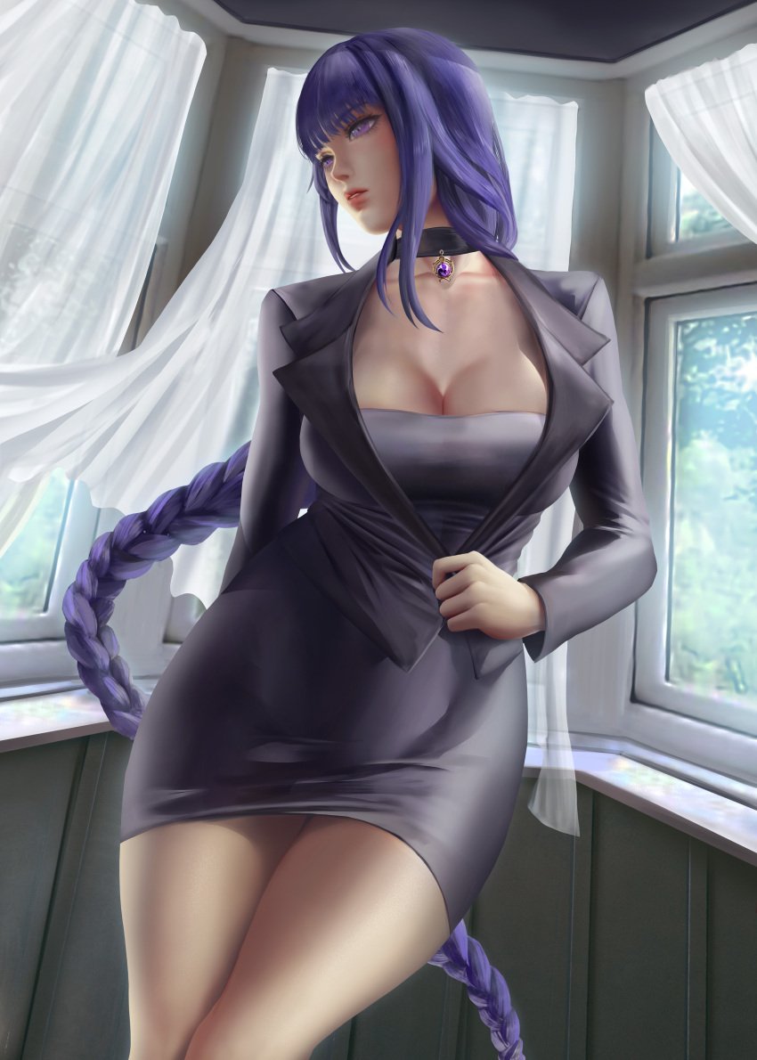 1girls 2022 braided_hair breasts business business_suit business_woman choker cleavage clothed clothed_female female female_only genshin_impact hi_res hips huge_breasts long_hair looking_to_the_side office_lady purple_eyes purple_hair raiden_shogun skirt slim_waist suit thick_thighs thighs wide_hips yoellim5