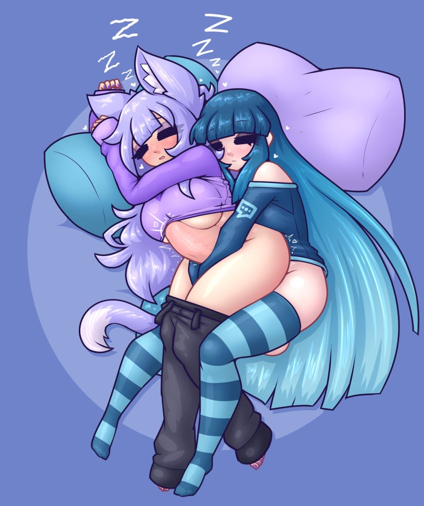 1futa 1girls animal_ears bangs bed blue_hair bottomless breasts cat_ears cat_tail catgirl clothed clothing dressed duo female futa_on_female futanari huge_cock human humanoid itchigo_(zyhte_) kemonomimi laycie_(zyhte_) light-skinned_female light-skinned_futanari light_skin limebreaker long_hair on_side partially_clothed penetration penis purple_hair sex sleep_sex sleeping sleeping_together stomach_bulge thighhighs