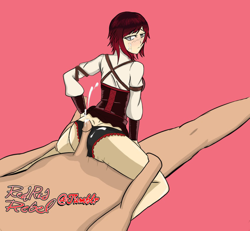 1boy 1girls after_sex annoyed assjob cum dyed_hair ejaculation female human looking_back male partial_male penis redradrebel ruby_rose rwby source_removed tagme underwear