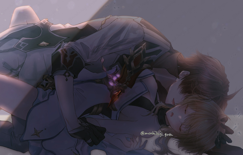 1boy 1boy1girl 1girls blonde_hair childe_(genshin_impact) cleavage closed_eyes clothed female genshin_impact ginger gloves legs_apart lumine_(genshin_impact) lying_on_back male male/female mochihagi_gusu_(artist) passionate sensual straight suggestive tartaglia_(genshin_impact)