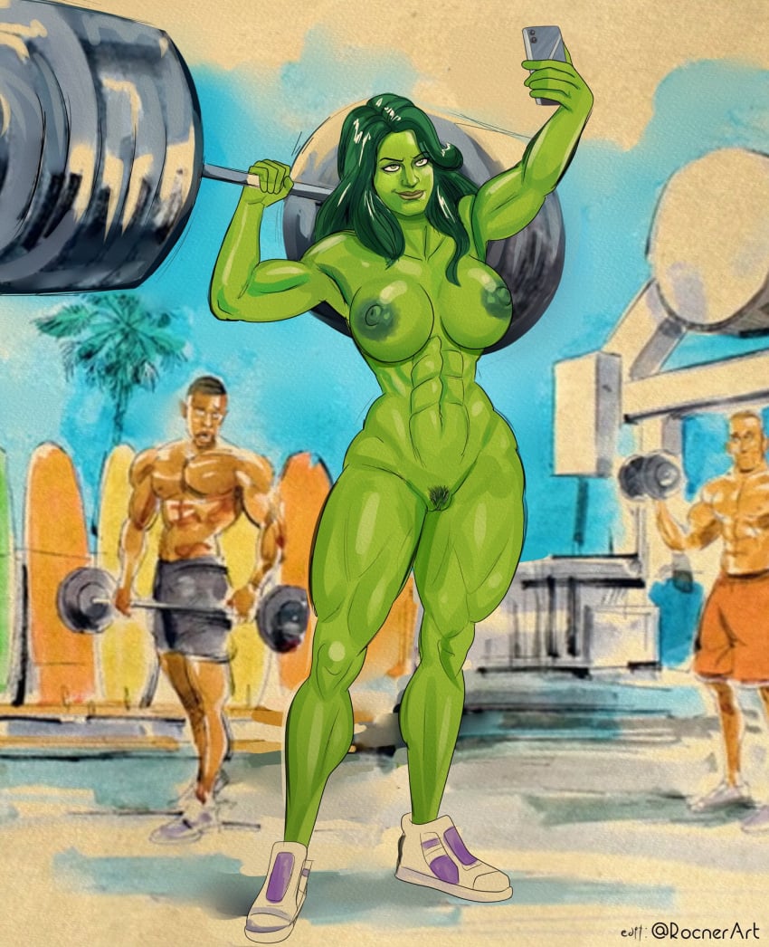 1girls abs areolae artist_name big_breasts breasts detailed_background dumbbell edit exhibitionism exhibitionist female female_focus green-skinned_female green_body green_hair green_nipples green_skin hourglass_figure hulk_(series) legs lifting_weights long_hair marvel marvel_cinematic_universe muscles muscular muscular_female muscular_legs muscular_thighs naked naked_female naked_footwear naked_with_shoes_on nipples outdoors phone pubic_hair public public_nudity pussy_tuft rocner selfie she-hulk shoes shoes_only size_difference smartphone smile sneakers solo taking_selfie thick_thighs thighs working_out